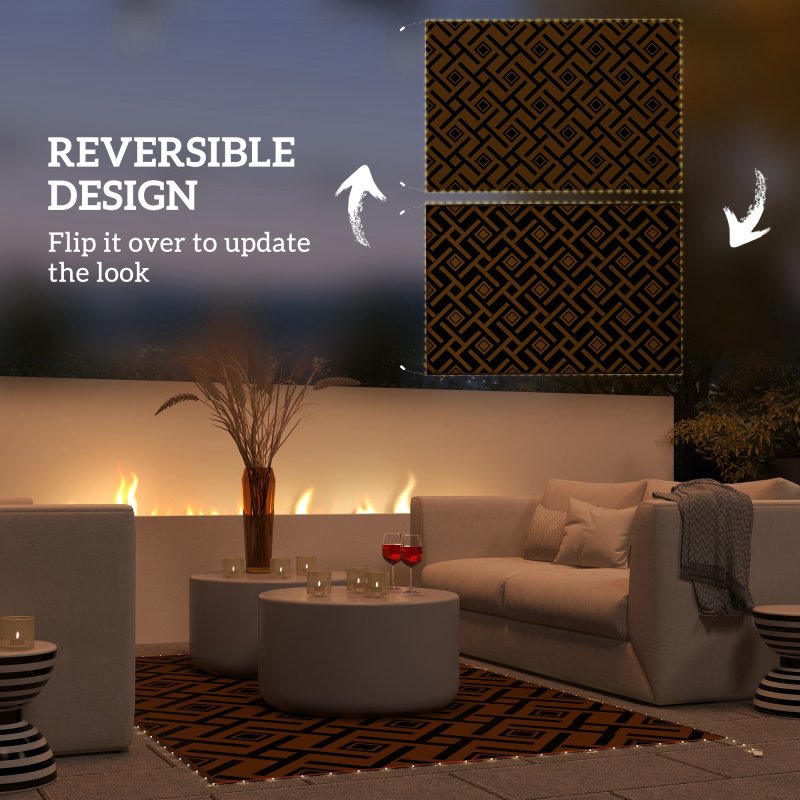 Outsunny Reversible Outdoor Rug with LED String Lights, Waterproof Plastic Straw Mat with Carry Bag for Garden, Deck, RV, Picnic, Beach, Camping, 182 x 274cm, Brown and Black