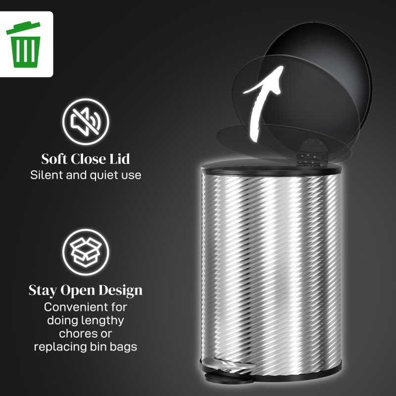 HOMCOM 20 Litre Kitchen Bin, Stainless Steel Pedal Bin with Soft-close Lid, Fingerprint Proof Cylindrical Rubbish Bin with Foot Pedal and Removable Inner Bucket, Silver
