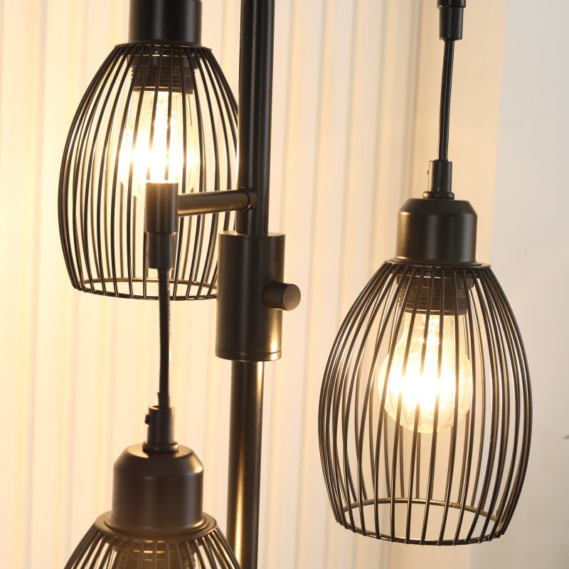 HOMCOM 3-Light Floor Lamp, 170cm Industrial Dimmable Standing Lamp with Steel Wire Cage Lampshades for Living Room, Bedroom, Dining Room, Study, Black
