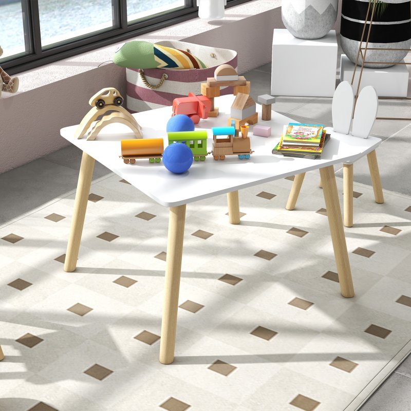 AIYAPLAY 3 Pieces Toddler Table and Chair Set, Kids Desk and 2 Chairs Set with Cute Bunny Ear Backrest, Wooden Legs, for Nursery, Playroom, Classroom - White