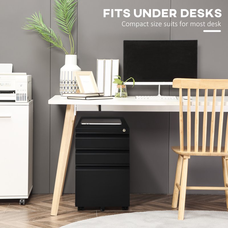 Vinsetto 3-Drawer Filing Cabinet with Lock, Mobile Steel File Cabinet for A4, Legal and Letter Size, Under Desk Drawers with Pre-Assembled Body for Home Office, 39 x 48 x 60 cm, Black