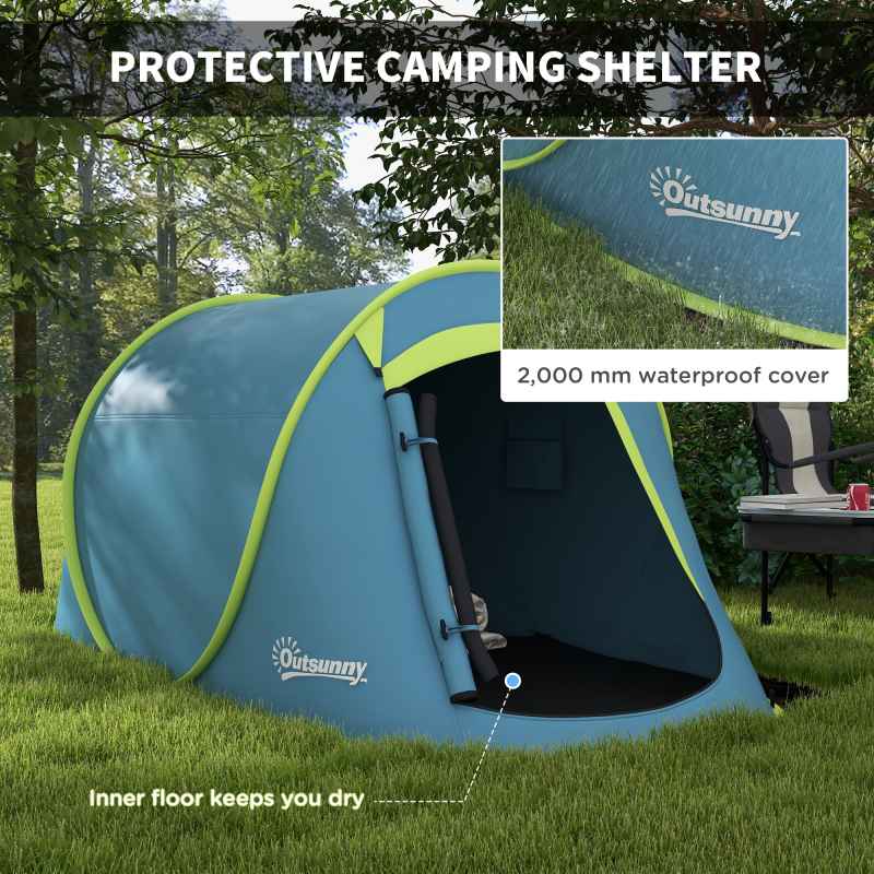 Outsunny 2 Man Pop up Tent, Camping Tent, 2000mm Waterproof with Portable Carry Bag for Fishing Hiking Backpacking, Blue
