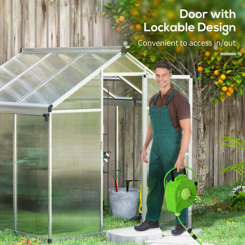 Outsunny 6 x 6ft Polycarbonate Greenhouse with Rain Gutters, Large Walk-In Green House with Door and Window, Garden Plants Grow House with Aluminium Frame and Foundation