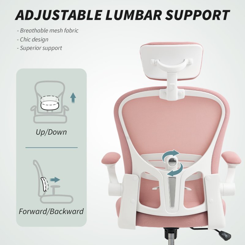 Vinsetto High Back Office Chair, Mesh Computer Desk Chair with Rotatable Headrest, 4D Lumbar Support, Flip-up Arm, Adjustable Height, Pink