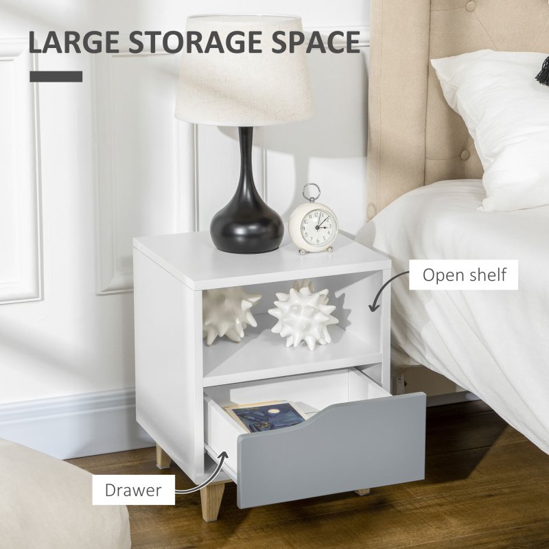 HOMCOM Bedside Table Nightstand with Drawer and Shelf, Side End Table with Wood Legs for Bedroom, White and Grey