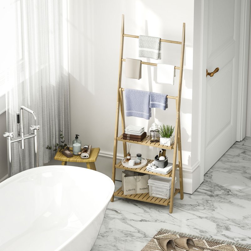 HOMCOM Folding Bathroom Storage Shelves, 3-Tier A-Frame Bamboo Storage Shelving Unit with Towel Bars, Freestanding Shelves Rack Organiser for Living Room, Natural