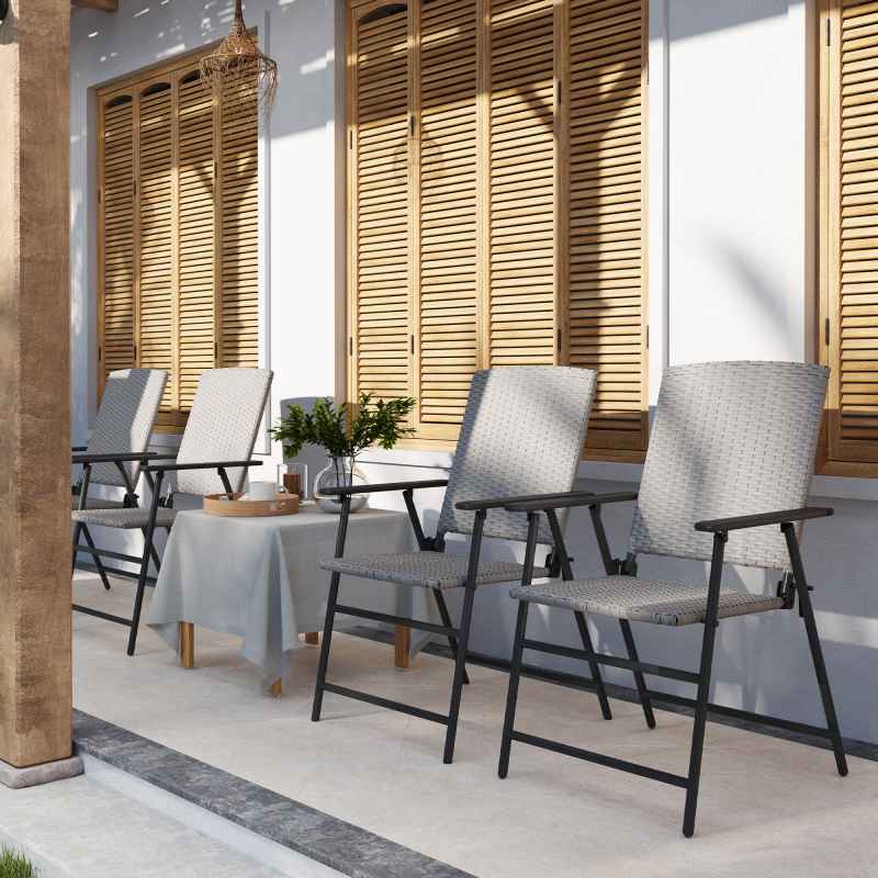 Outsunny Folding Garden Chairs Set of 4, PE Rattan Garden Dining Chairs with Armrests, High Back and Steel Frame, Weather Resistant Outdoor Dining Furniture for Patio, Balcony, Grey