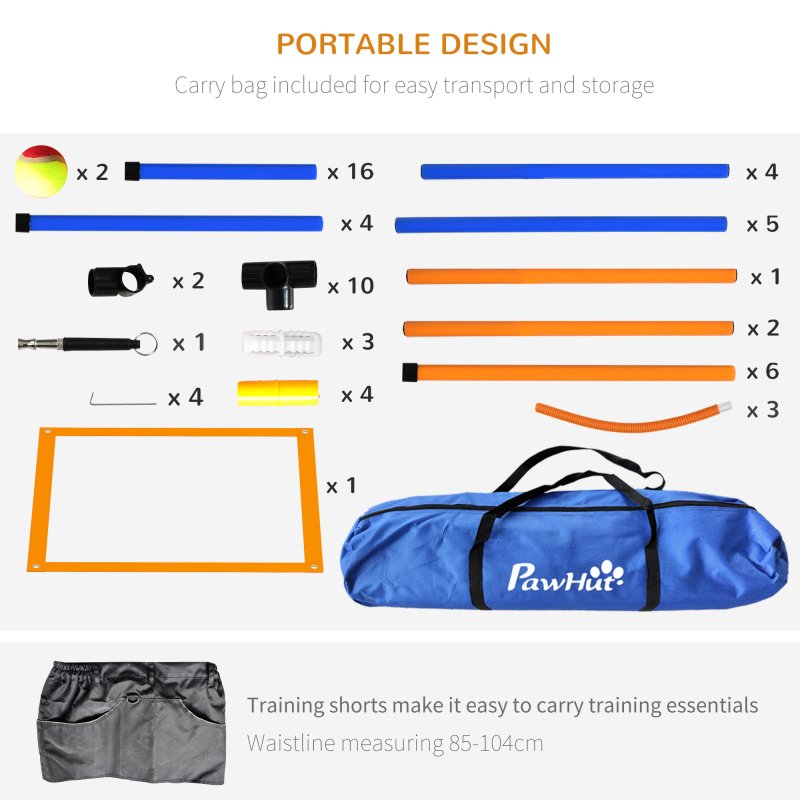 PawHut Dog Agility Equipment Set, 8 Piece Outdoor Agility Kit w/ Weave Poles, Adjustable High Jump Ring, Hurdle, Pause Box, Tennis Balls, Whistle, Training Shorts, Carrying Bag, for Dogs - Orange