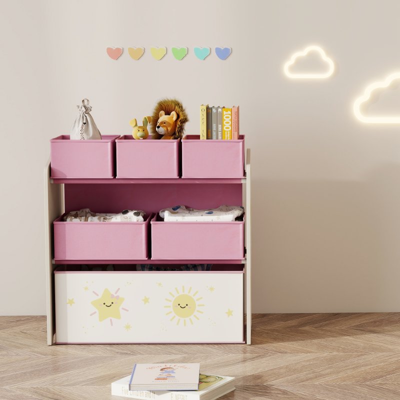 AIYAPLAY Kids Toy Storage Units, 3-Tier Toy Organiser Shelf with 6 Removable Fabric Boxes for Kids, Boys, Girls, Bedroom, Playroom, Nursery, Pink