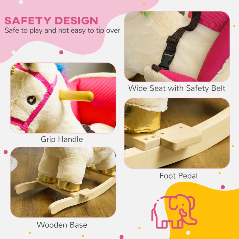 AIYAPLAY Rocking Horse, Unicorn Rocking Horse with Realistic Sounds, Safety Belt, Wooden Base, Plush Ride on Unicorn, for Ages 18-36 Months, Cream White