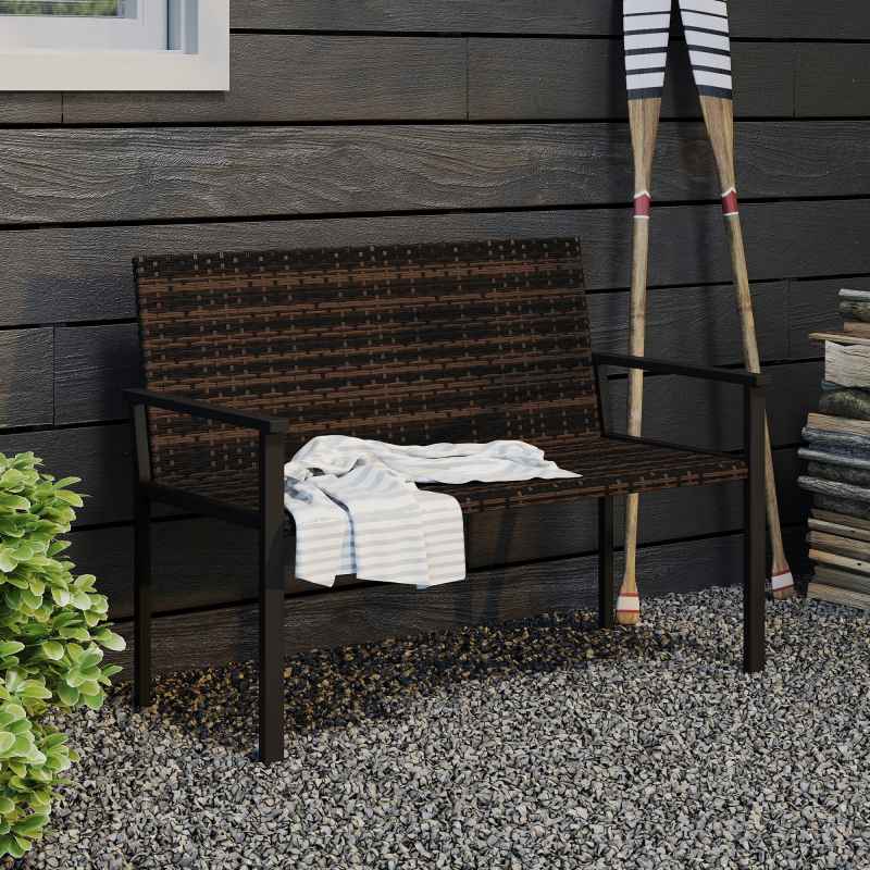 Outsunny 2 Seater Rattan Garden Bench, Outdoor Bench with Quick-Drying Cotton Padding, Wicker Garden Loveseat with Armrests, Steel Frame for Patio, Park, Mixed Brown