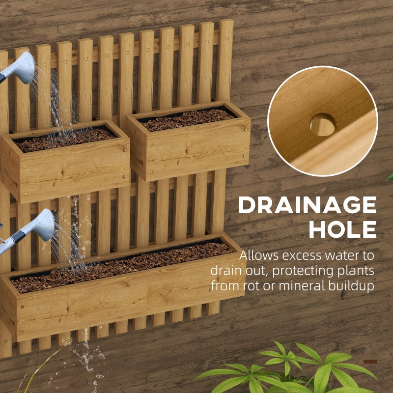 Outsunny Wall-mounted Wooden Garden Planters with Trellis, Drainage Holes and 3 Movable Planter Boxes, Wall Raised Garden Bed for Patio, Carbonised