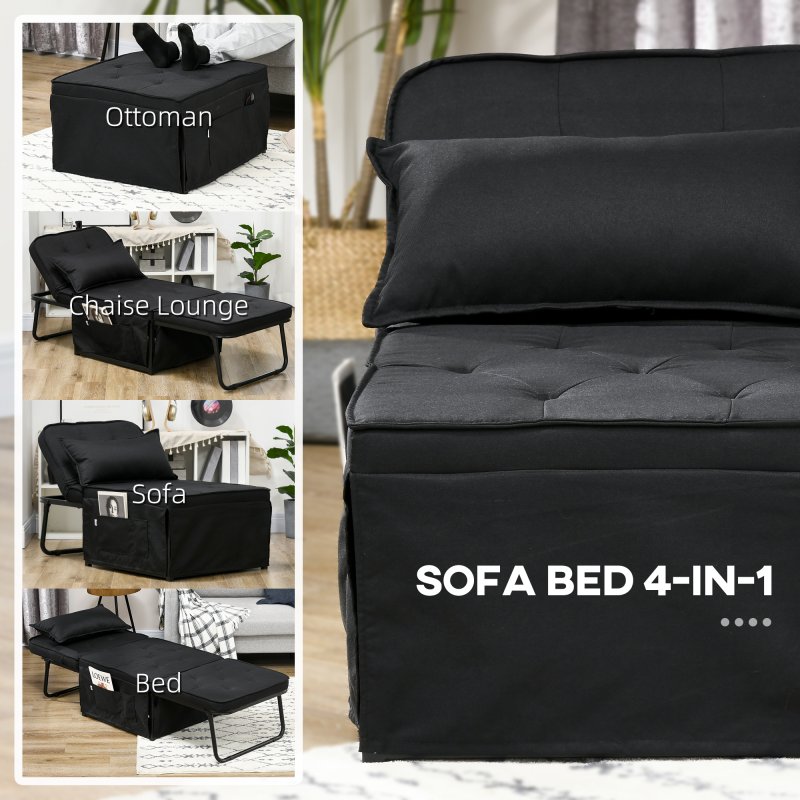 HOMCOM Folding Chair Bed, 4-in-1 Convertible Sleeper Chair with Adjustable Backrest, Pillow, Side Pockets, Armchair for Bedroom, Living Room