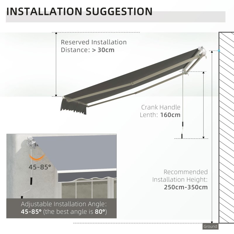 Outsunny 2.5m x 2m Retractable Awning, DIY Garden Awning Canopy, Anti-UV Sun Shade Shelter with Aluminium Frame and Crank Handle, Grey