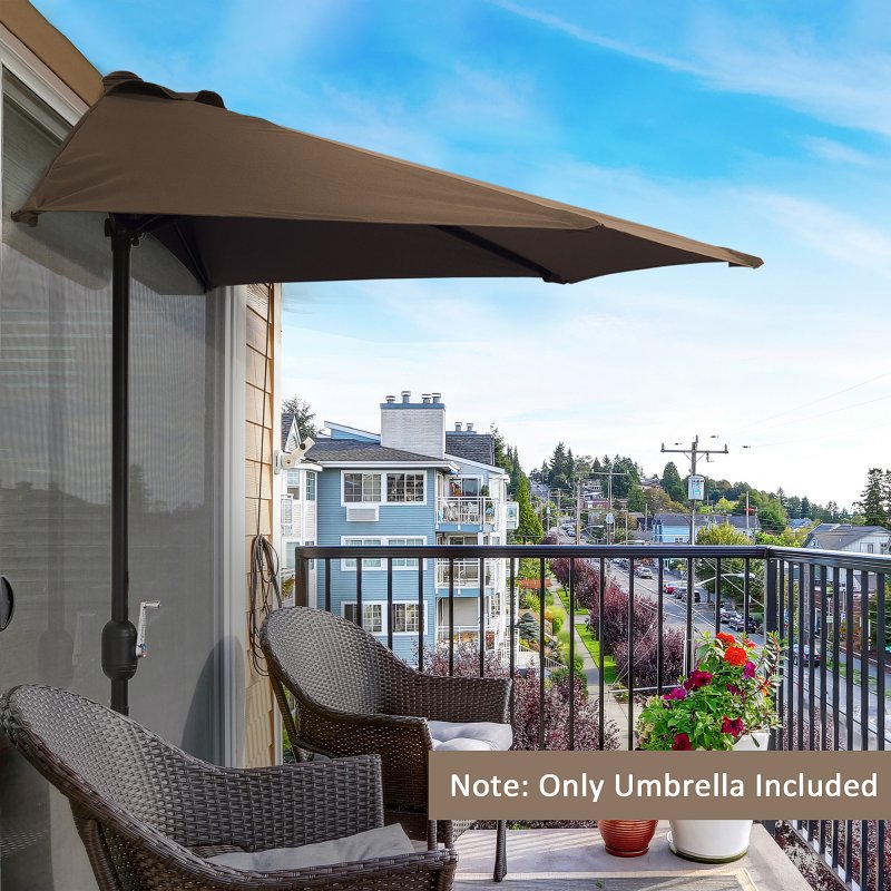 Outsunny 2.7m Garden Half Parasol, Outdoor Balcony Umbrella with 5 Steel Ribs, Patio Sun Shade, Brown