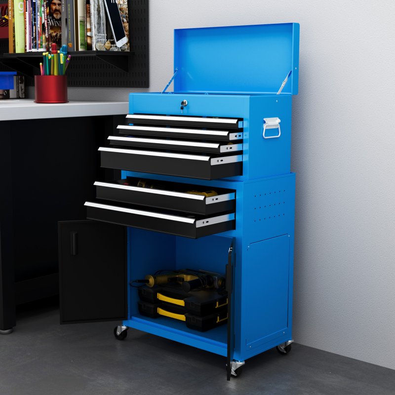 HOMCOM Tool Chest, Metal Tool Cabinet on Wheels with 6 Drawers, Pegboard, Top Chest and Roller Cabinet Combo, 61.6 x 33 x 108cm, Blue