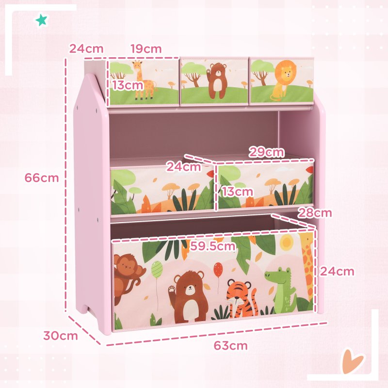 AIYAPLAY Kids Storage Unit, 3-Tier Toy Organiser Shelf with 6 Removable Storage Boxes, for Playroom, Bedroom, Children's Room, Nursery, Pink