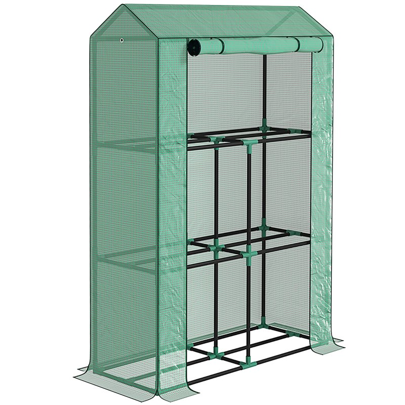 Outsunny 3 Tier Mini Greenhouse with Reinforced PE Cover, Portable Small Greenhouse with Roll-Up Door, 100 x 40 x 150cm, Green