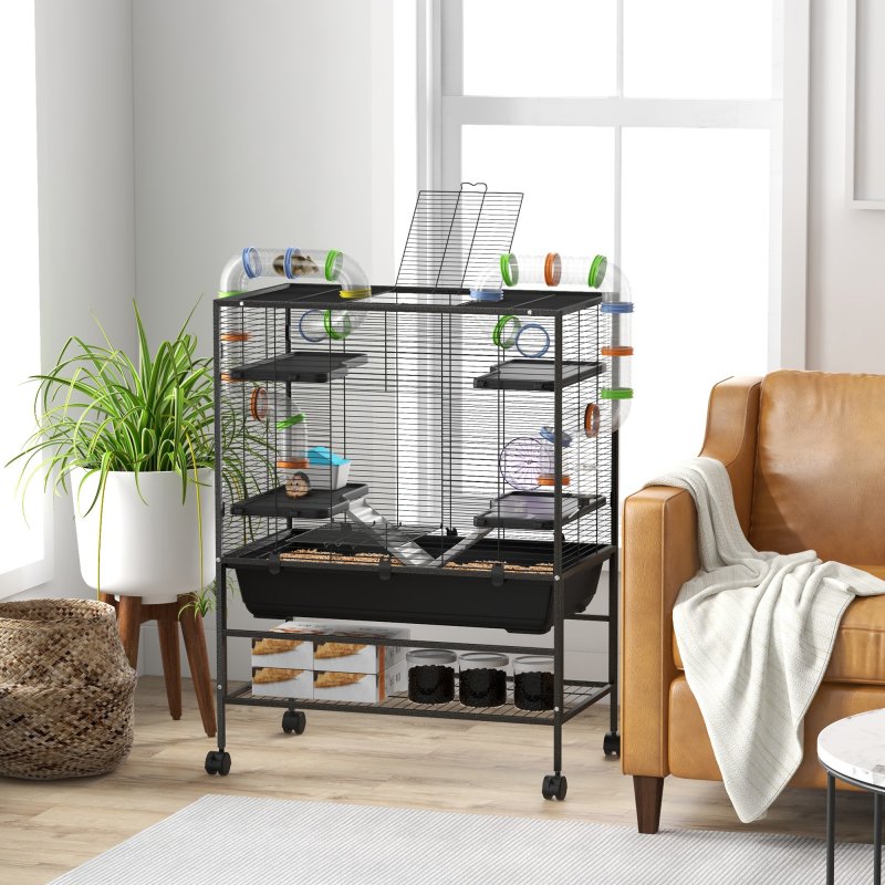 PawHut Large Hamster Cage, Gerbil Cage with Wheels, Tubes, Storage Shelf, Ramps, Running Wheel, Food Dish, Water Bottle, for Syrian Hamster - Black