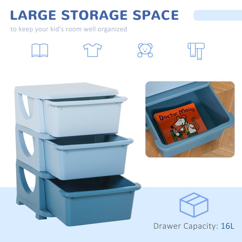 HOMCOM Kids Storage Units with 3 Drawers 3 Tier Chest Vertical Dresser Tower Toy Organiser for Nursery Playroom Kindergarten 