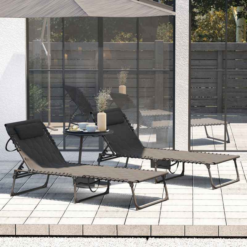 Outsunny 2 Piece Foldable Sun Lounger Set with 5-level Reclining Back, Outdoor Tanning Chairs Sun Loungers with Build-in Padded Seat, Side Pocket, Headrest for Beach, Patio, Black