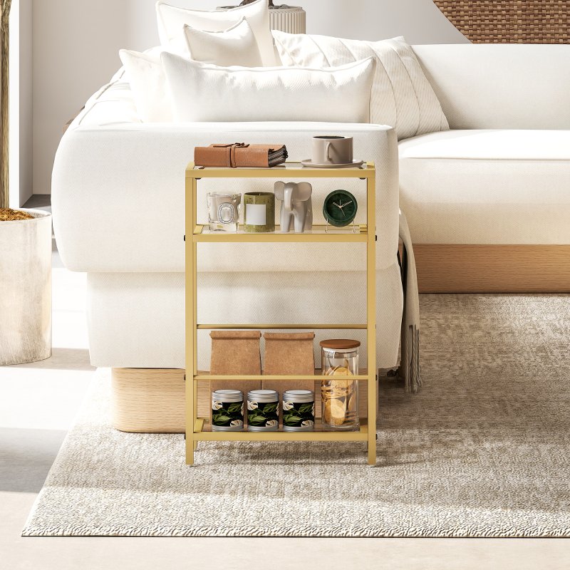 HOMCOM 3-Tier Side Table, Narrow End Table with Storage Shelf and Tempered Glass Tabletop for Small Spaces, Bedroom, Living Room, Entryway, Gold Tone