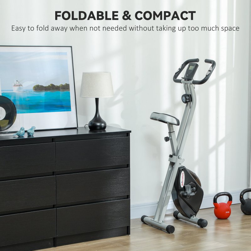 SPORTNOW Folding Exercise Bike, Quiet Stationary Bike with 8-Level Magnetic Resistance, Heart-Rate Sensor, Adjustable Seat and Wheels for Home Gym Workout, Black and Grey
