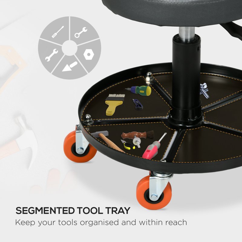 HOMCOM Workshop Stool, Rolling Mechanic Stool with Pneumatic Adjustable Height, 360 Degree Swivel, Padded Seat, Tool Tray, for Garage, Workshop, Auto Repair