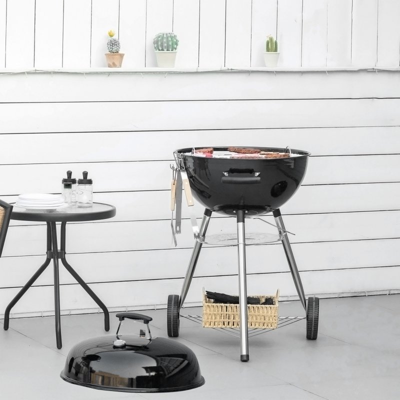 Outsunny Portable Kettle Charcoal Grill BBQ Smoker with Cover, Outdoor Round Barbecue with Lid, Thermometer, Turner, Knife, Clip, Storage Shelf, & Wheels for Party Patio Garden