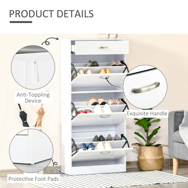 HOMCOM Shoe Cabinet with 3 Flip Drawers, High Gloss Shoe Storage Cabinet with Top Drawer and Adjustable Shelves, Shoe Cupboard for 18 Pairs