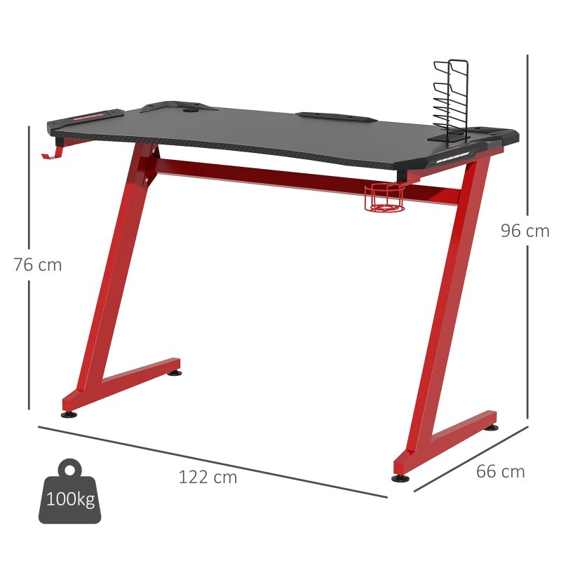 HOMCOM Gaming Desk, Carbon Fibre Covered Computer Desk, Gamer Workstation with Headphone Hook, Cup Holder and Gamepad Storage Rack