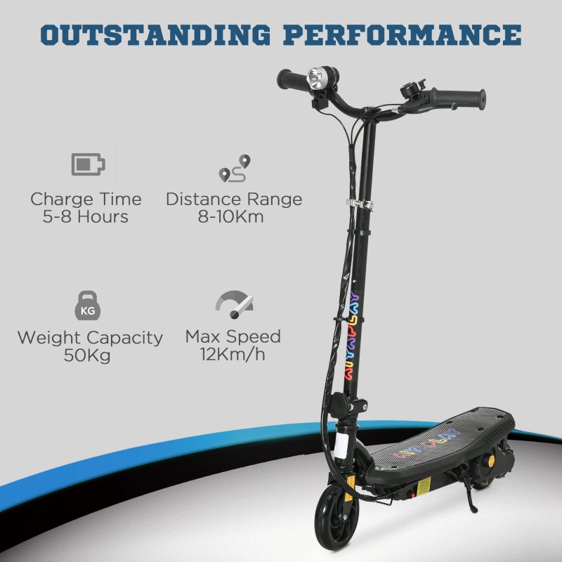 HOMCOM Folding Electric Scooter 120W E-Scooter with Three Mode LED Headlight, Warning Bell, Adjustable Height, 12km/h Maximum Speed, for Ages 7-14 Years - Black