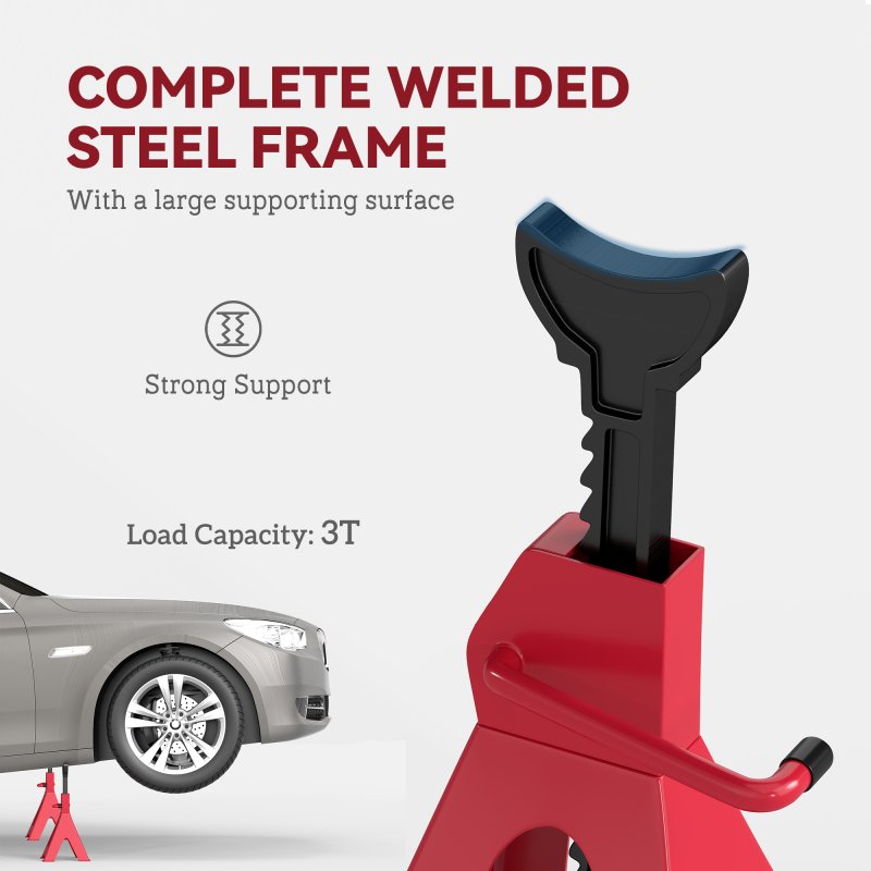 HOMCOM Axle Stands 3 Ton Car Jack Stands Pack of 2, 38.5-60 cm Height Adjustable Support Jack Stand, Heavy Duty Car Lift Tool for Vehicles, Caravans, Workshops, Garages, Red