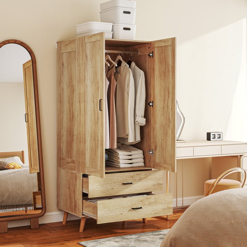 HOMCOM 2 Door Wardrobe, Modern Wardrobe with 2 Drawers and Hanging Rail for Bedroom, Flats, Natural