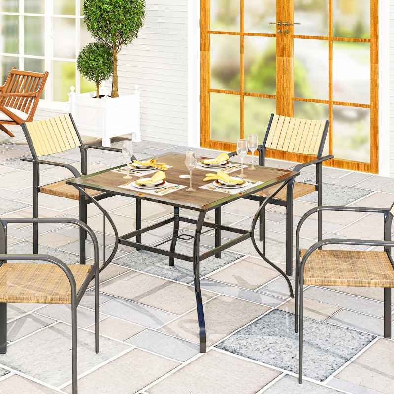 Outsunny 94 x 94 cm Garden Table with Parasol Hole, Outdoor Dining Table for 4, Square Patio Table with Stone-Grain Effect PC Board Top for Patio, Garden, Brown