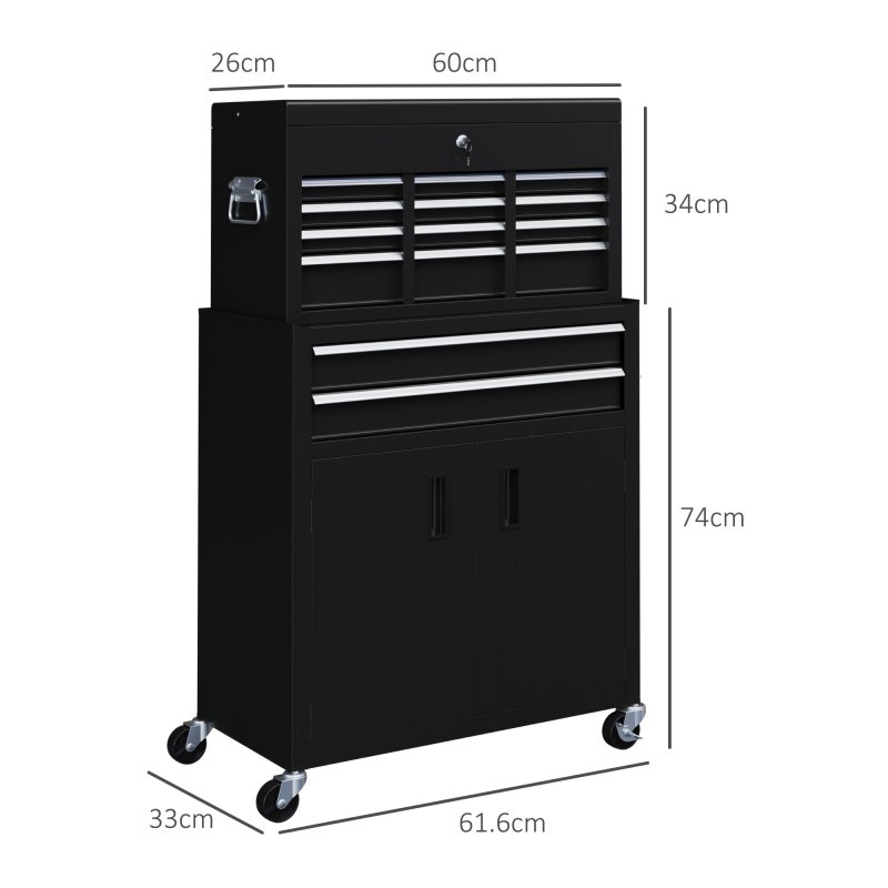 HOMCOM Tool Chest, Metal Tool Cabinet on Wheels with 6 Drawers, Pegboard, Top Chest and Roller Cabinet Combo, 61.6 x 33 x 108cm, Black