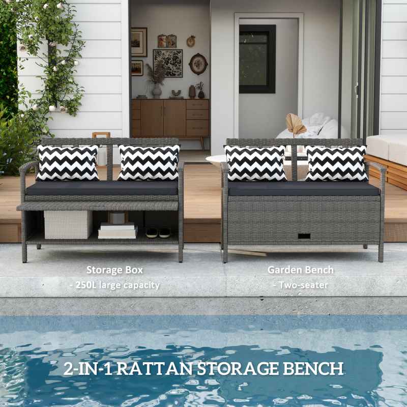 Outsunny 2 Seater Garden Storage Bench with 160L Capacity, PE Rattan Garden Bench with Storage, Wicker Outdoor Bench Loveseat with Cushion, Pillows and Steel Frame for Patio, Grey
