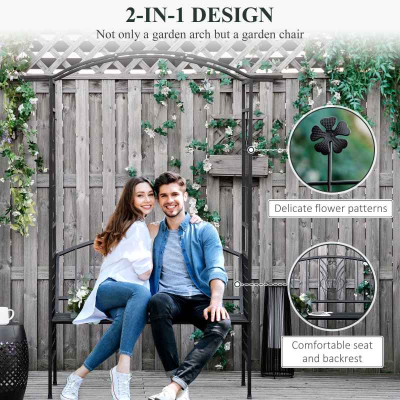 Outsunny Metal Garden Bench with Arch Arbour, Outdoor Patio Loveseat Bench Seat with Rose Trellis Pergola Climbing Plant Archway Tubular - 154L x 60W x 205Hcm