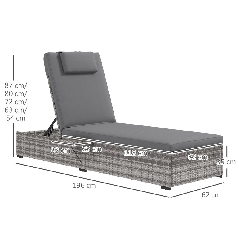 Outsunny Outdoor Patio PE Rattan Lounger with Cushion, 5-Level Reclining Wicker Rattan Sun Lounger with Tea Tray, for Poolside, Patio, Deck, 120kg Weight Capacity, Grey