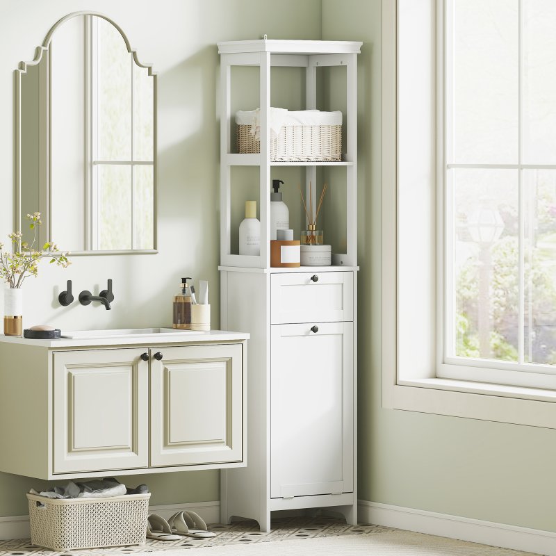 HOMCOM Tall Bathroom Cabinet with Removable Laundry Basket, Slim Bathroom Storage Unit with Tilt-Out Laundry Cabinet, 2 Open Shelves and Drawer, 40 x 30 x 165 cm, White