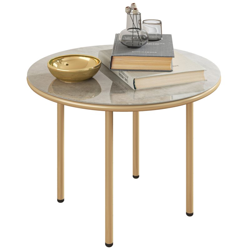 Outsunny Round Small Garden Table, 60cm Outdoor Side Table with Faux Marble Tempered Glass Top, Steel Frame for Garden Patio Balcony, Beige