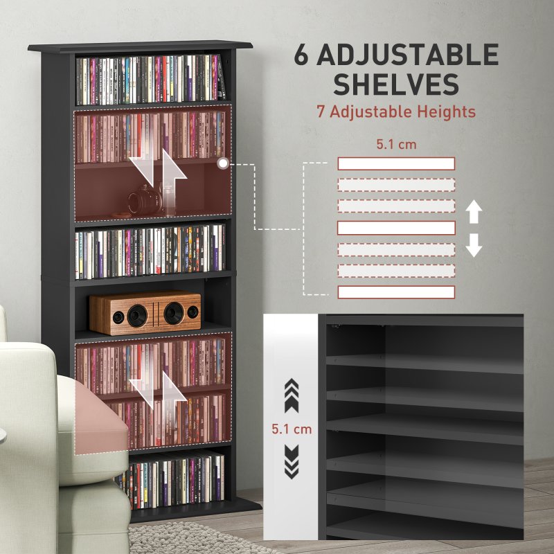 HOMCOM 360 CD/185 DVD Storage Unit, 185 Blu-ray Media Storage Shelf with 8 Compartments and 6 Adjustable Shelves, CD Tower for Living Room, Bedroom, Office