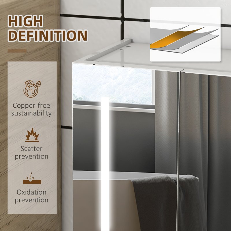 kleankin LED Lighted Bathroom Mirror Cabinet, Wall Mounted Bathroom Storage Cupboard with USB Charge, Adjustable Shelf, 90W x 15D x 70Hcm, High Gloss White