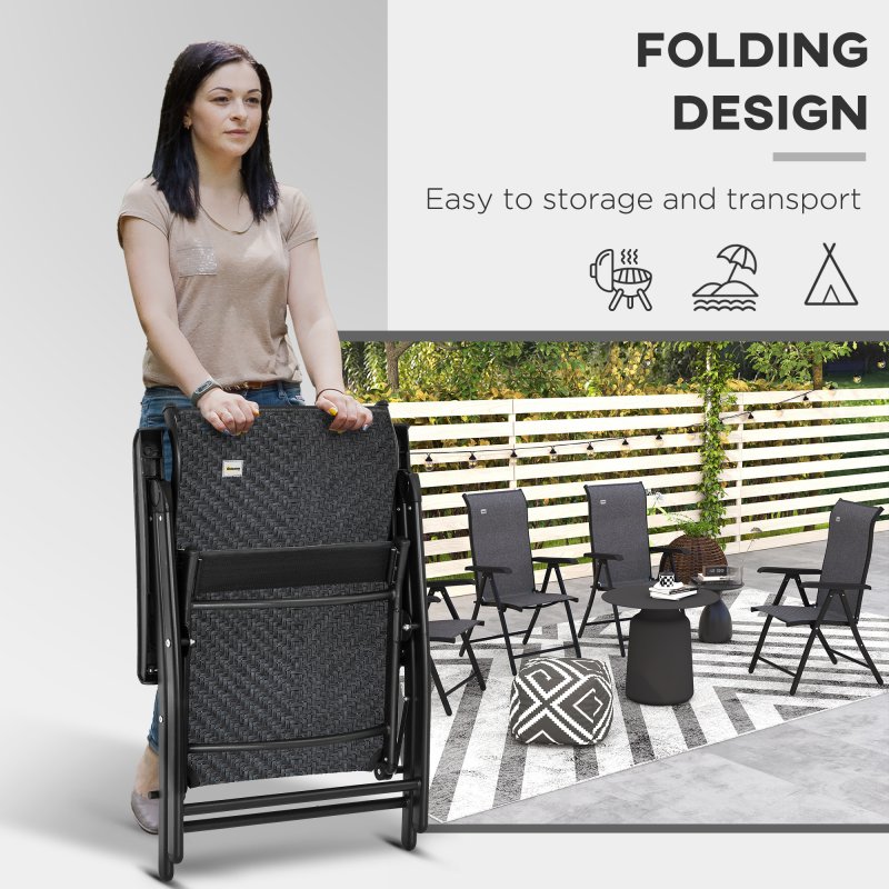Outsunny Set of 4 Outdoor Wicker Folding Chairs, Patio PE Rattan Dining Armrests Chair set with 7 Levels Adjustable Backrest, for Outdoors, Camping, Grey