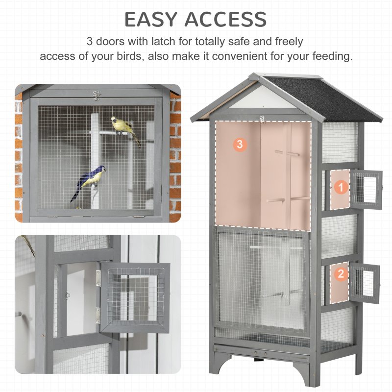 PawHut Wooden Bird Cage Budgie Cage Outdoor for Finch, Canary w/ Slide Tray, Asphalt Roof - Grey