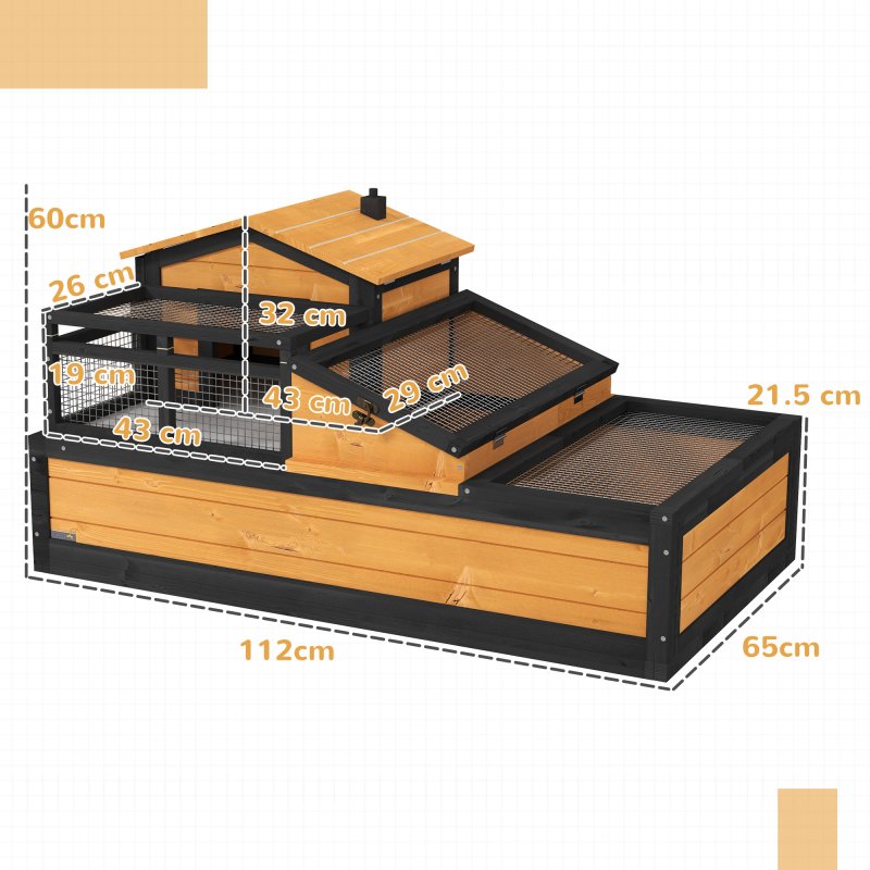 PawHut Tortoise House 3-Room Wooden Tortoise Enclosure Large Reptile Cage with 2 Stories, Ladder, Balcony, Tray, Openable Roof, 60H x 112L x 65Wcm, Yellow