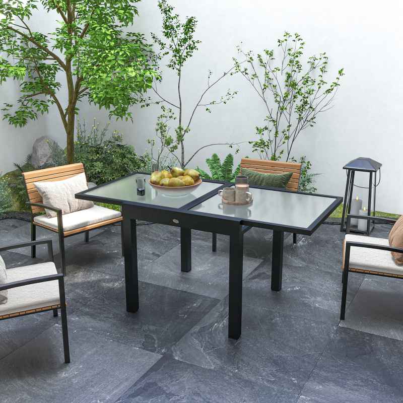 Outsunny Extending Garden Table, Outdoor Dining Table with Aluminium Frame and Tempered Glass Tabletop, 80/160 x 80 x 75 cm, Black and Clear