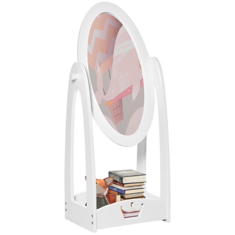 HOMCOM Free Standing Full Length Mirror, Child's Dressing Mirror with storage shelf, Children's White Bedroom Furniture 360?? Rotation MDF, For 3- 8 Years Old, 40L x 30W x 104H cm