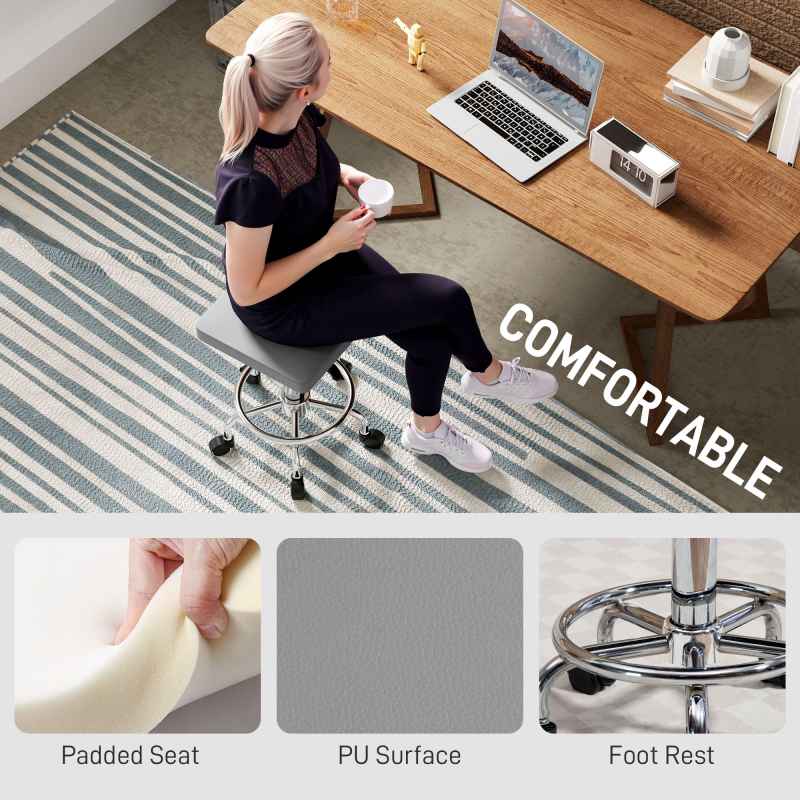 HOMCOM Square Rolling Stool, Height Adjustable PU Leather Salon Chair with Padded Seat and Foot Rest, Swivel Beauty Stool on Wheels for Spa Drafting Salon Tattoo Work Massage, Grey