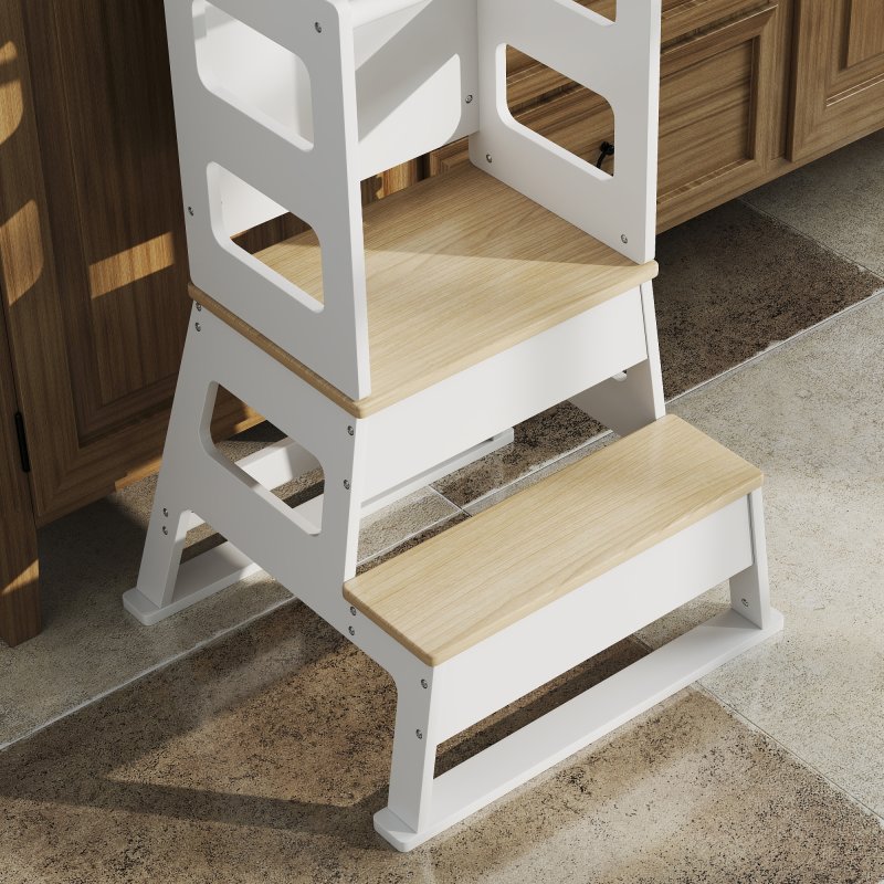 AIYAPLAY Toddler Tower, 2 in 1 Toddler Step Stool with Chalkboard, Safety Rail, Kids Standing Tower for Kitchen, Counter, Bathroom, Sink, White